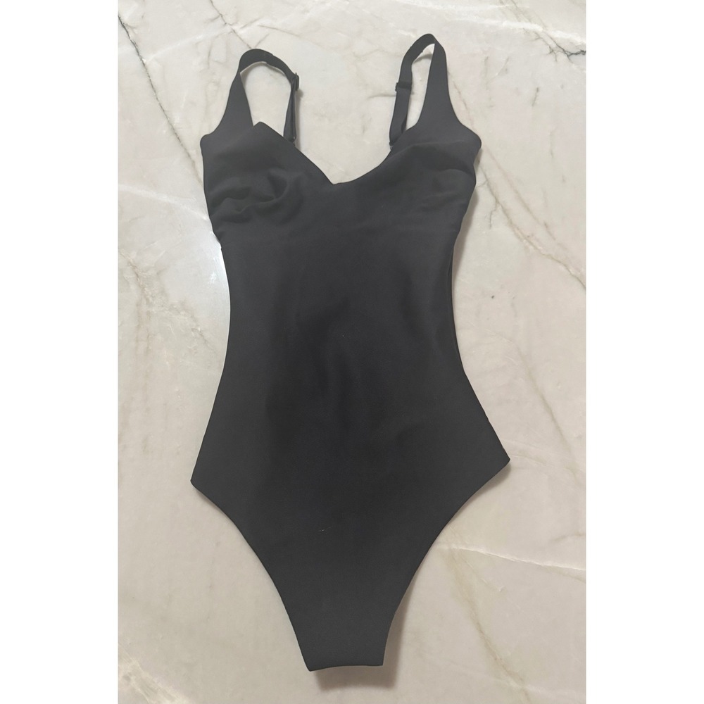 SKIMS Sculpting Bodysuit Mid Thigh Onyx Black V-Neck Thong Small S/P/CH